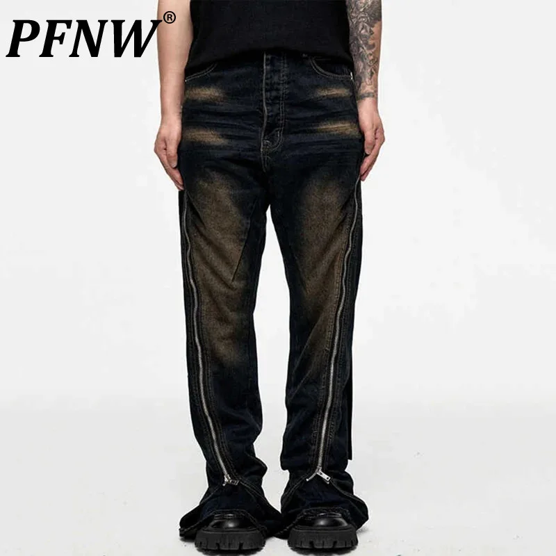 PFNW New Autumn Men's Jeans Washed Worn-out Big Zipper Patchwork Loose Straight Boot Cut Leg Loose Male Denim Pants 12C991