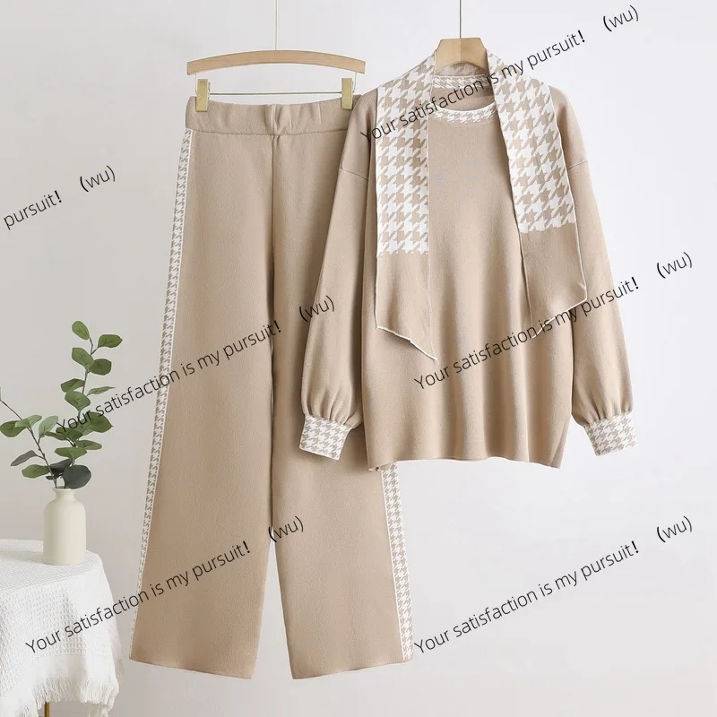 Setelan rajutan musim gugur dan musim dingin bergaya Eropa dan Amerika, atasan rajutan berpinggang tinggi yang elegan, celana lebar dengan ribuan pilihan.