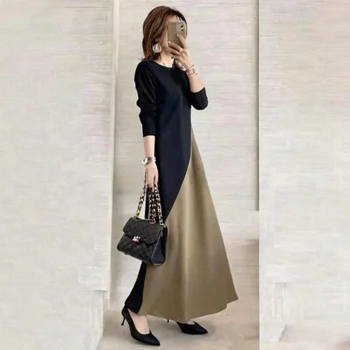 컬러 블록 A라인 미디 드레스 긴 소매 라운드 넥 기본 스커트 봄 여성 우아한 면 폴리에스터 트리아세테이트 섬유