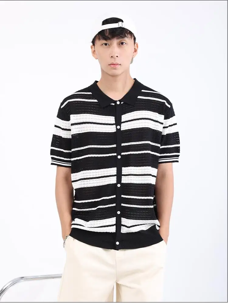 Loose Fit Knitted Polo Shirts Man Single Breasted Viscose Elastic Summer Quality Hollow Out Breathable Striped Camisas De Hombre