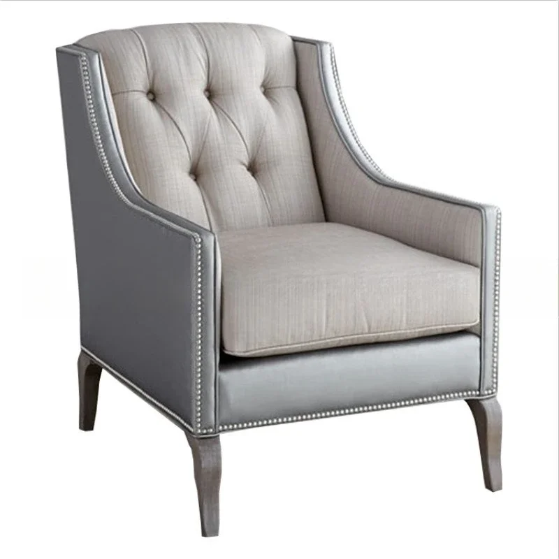 

American retro solid wood, leather tiger chair, simple buckle soft bag sofa chair, single leisure chair