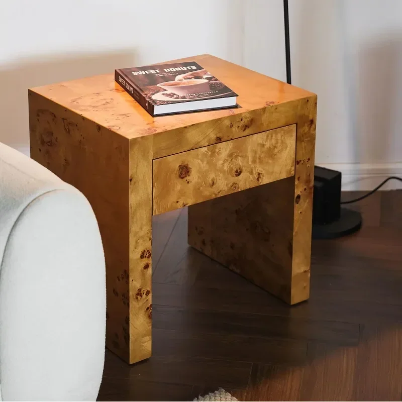Mid-century style living room side table, minimalist knot wood veneer headboard storage cabinet