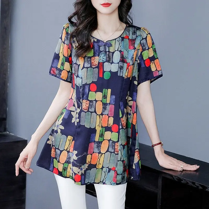 2023 New Summer Elegant Retro Art Round Neck Panel Buckle Ethnic Style Casual Loose Versatile Oversize Mid Length Shirt