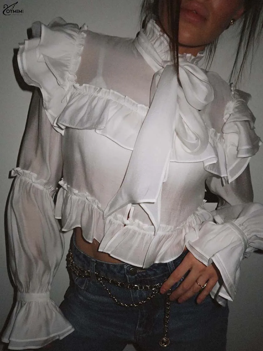 Oymimi Fashion White Ruffle Neck Women Shirts Elegant Cascading Ruffle Long Sleeve Lace-Up Shirt Casual Button Translucent Shirt