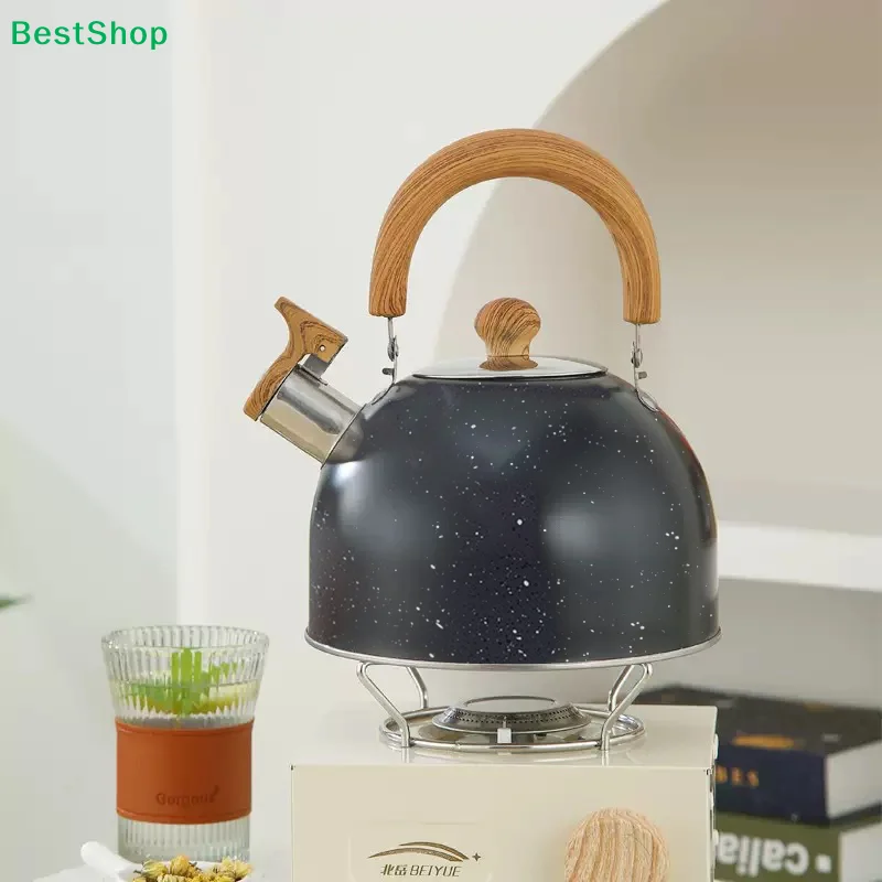 ❀ Tetera con silbato, teteras para estufa de acero inoxidable de grado alimenticio con mango plegable con diseño de madera, tetera con silbato sonoro