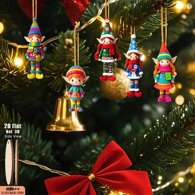 32/8Pcs Cartoon Elves Christmas Wooden Pendants 2D Angel Xmas Hanging Ornaments 2025 Christmas Home Decoration DIY Gift Labels