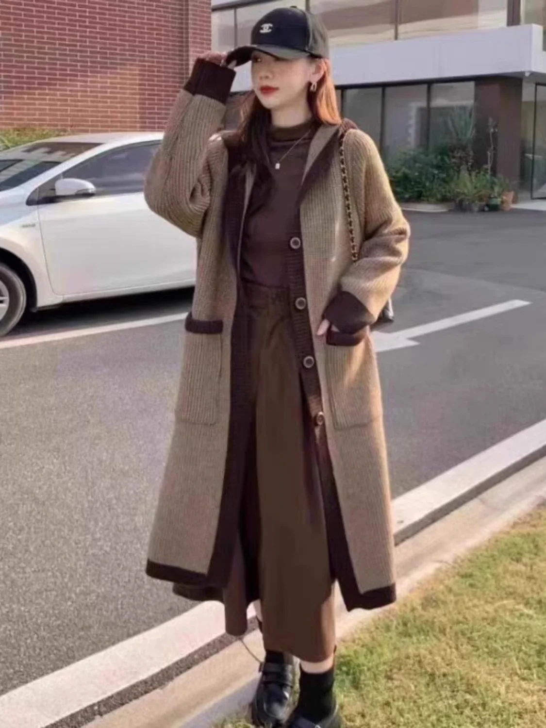 

Loose Knitted Hat Coat Medium Length Casual Lazy Style Korean Versatile Thickened Sweater Cardigan Autumn Winter Elegant