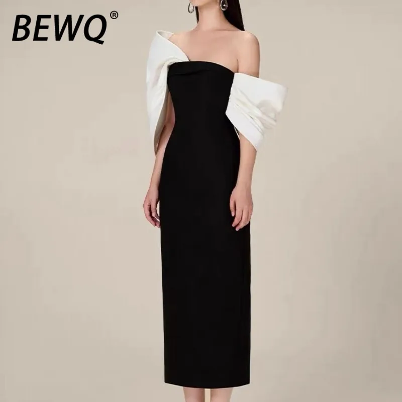 BEWQ Elegancka Sukienka Damska Kontrastowy Kolor Bez Ramiączek Patchwork Talia Bez Pleców Sukienka Wieczorowa na Imprezę Jesień 2025 Nowość