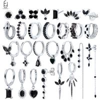 925 Sterling Silver Ear Buckles Fashion Hoop Earrings Black Crystal Pendant Silver Earrings High Quality Women's Jewelry Gifts