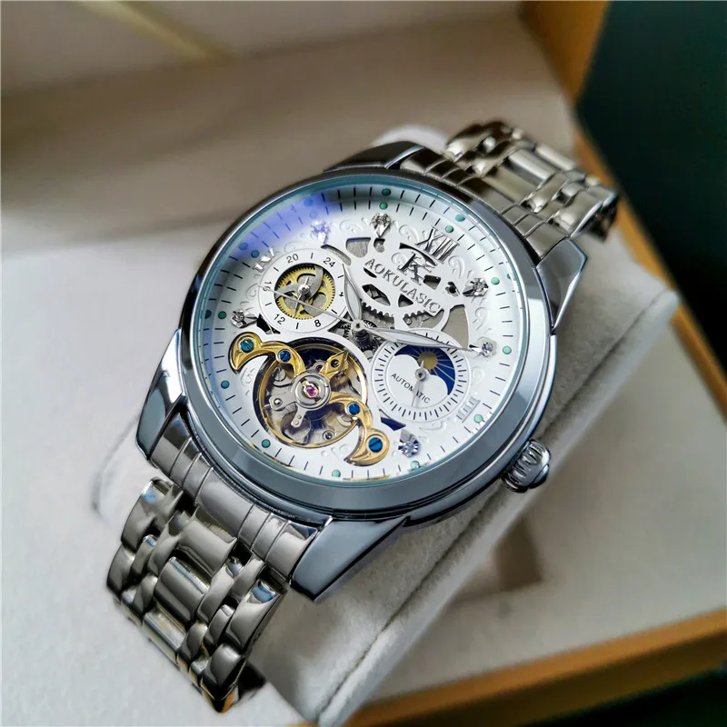 Stainless Steel Skeleton Big Pilot Luminous Waterproof Solid Steel Band Self-Wind Automatic Mechanical Watch for Men