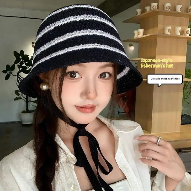 Women Colorful Striped Knitted Bucket Hat Hollow Out Foldable Breathable Summer Outdoor Sunshade Basin Cap