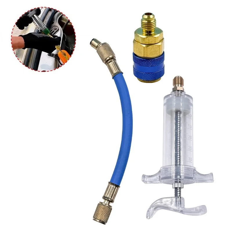 Car A/C Oil and Dye Injector 30ml with R-134a Low Side Quick Coupler Adapter 1/4 SAE Explosion-Proof Refrigerant Filling Tool
