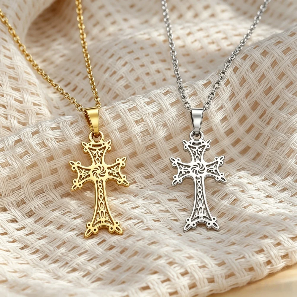 Armenian Cross Ornate Necklace 18K Gold Plated Stainless Steel Religious Pendant Vintage Christian Jewelry Gifts for Women Men