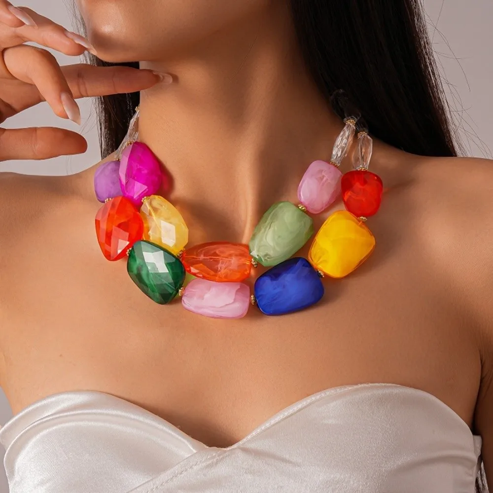 Facet-cut Chunky Acrylic Necklace Translucent-jelly Water Ripple Pattern Oversized Resin Strand Lightweight Extender Chain