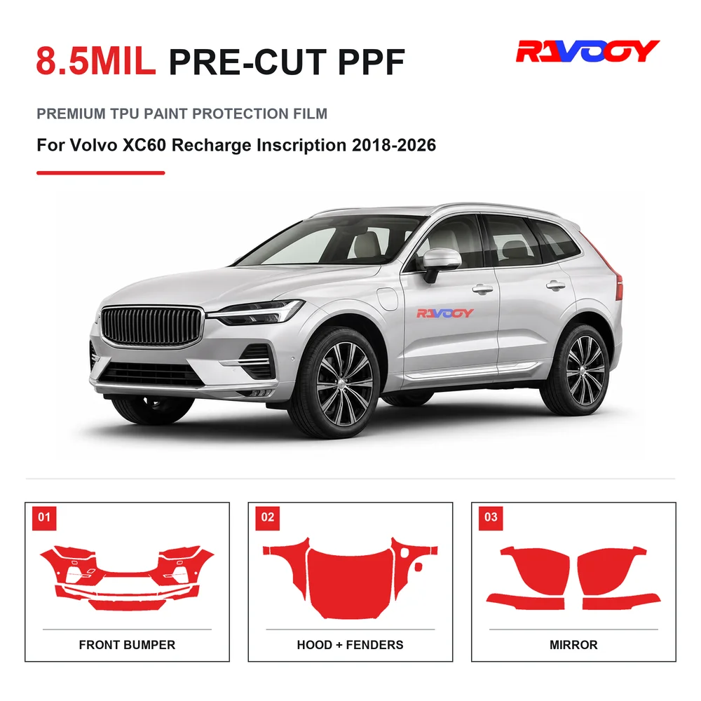 Film de protection de peinture transparent en TPU 8,5 mil, prédécoupé, auto-réparant, hydrophobe et anti-UV pour Volvo XC60 Recharge Inscription 2018-2026