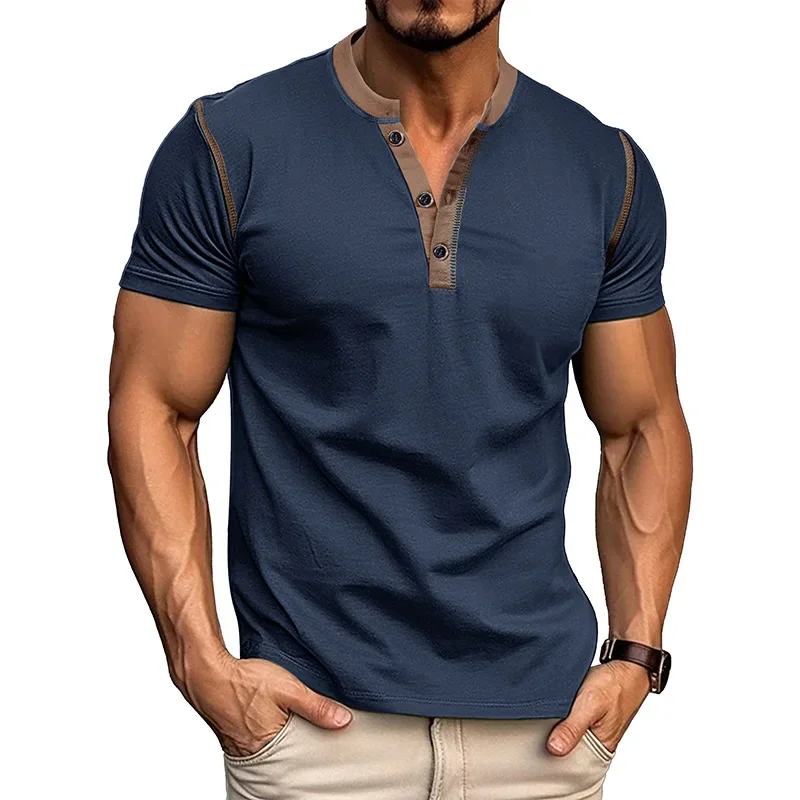 2026 Summer Europe and The United States Men's Short Sleeve Henry Shirt Men's Casual Color Match Round Neck T-shirt S-2XL