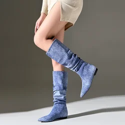 Large Size Leisure Punk Concise Pleated Slip-on Long Boots Pointed Toe Denim Boots For Women Flat Shoes Women Chelsea Boots