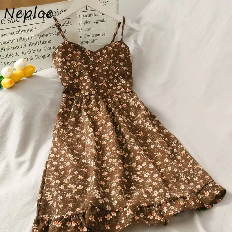 Abito da vacanza bohémien con stampa vintage Abito da donna a vita alta con linea sottile Abiti con scollo a V senza maniche con spalle scoperte Abito estivo