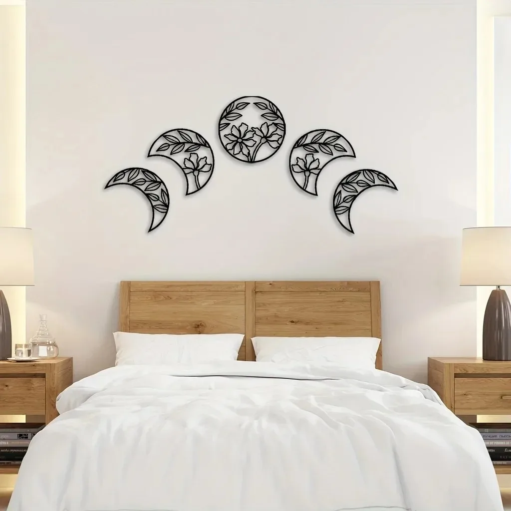 5pcs Metal Iron Moon Phase Home Decor Flower Leaf Wall Hanging Art Decor Moon Phase Nordic Decoration Wall Mounted Ornament