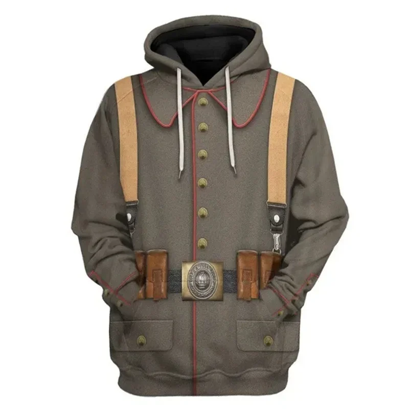 Men WWI Historical‑Style 3D Union Jack Print Drawstring Hoodie, Vintage History Theme Cosplay Casual Street‑Wear Pullover Tops