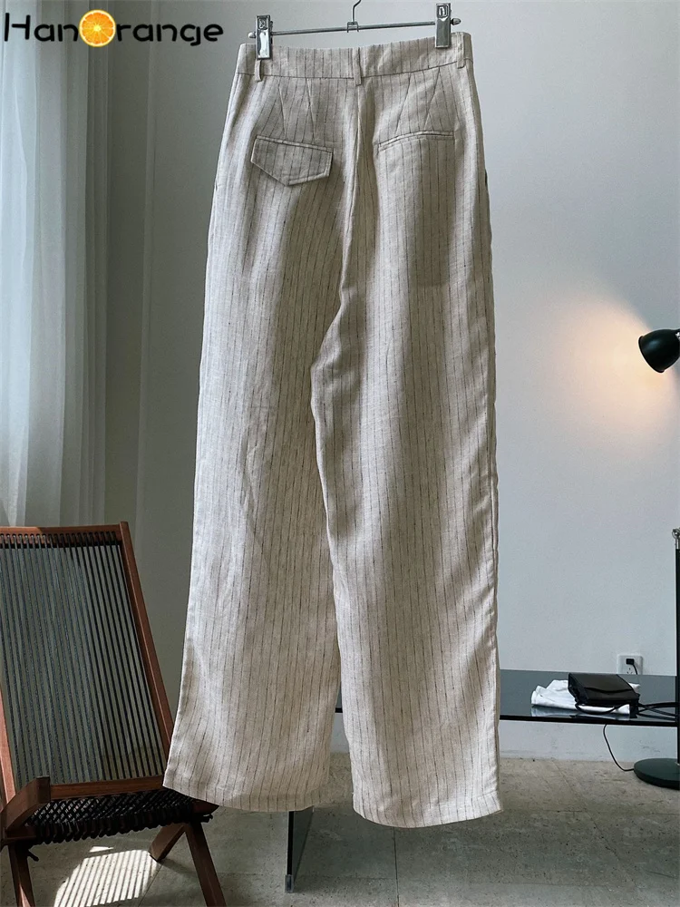 HanOrange 2024 Summer Vintage Texture Linen Striped Pants Women High Waist Wide Leg Loose Drape Casual Trousers Female Apricot