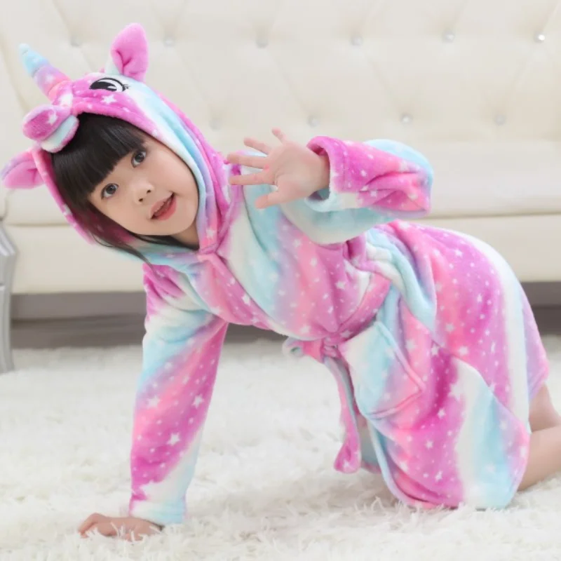 Unicorn Cartoon Kids Hooded Bath Robes, Children Sleepwear, Bathing Robe, Keep Warm, Easy to Clean, Boys, Girls Pajamas, Autumn,