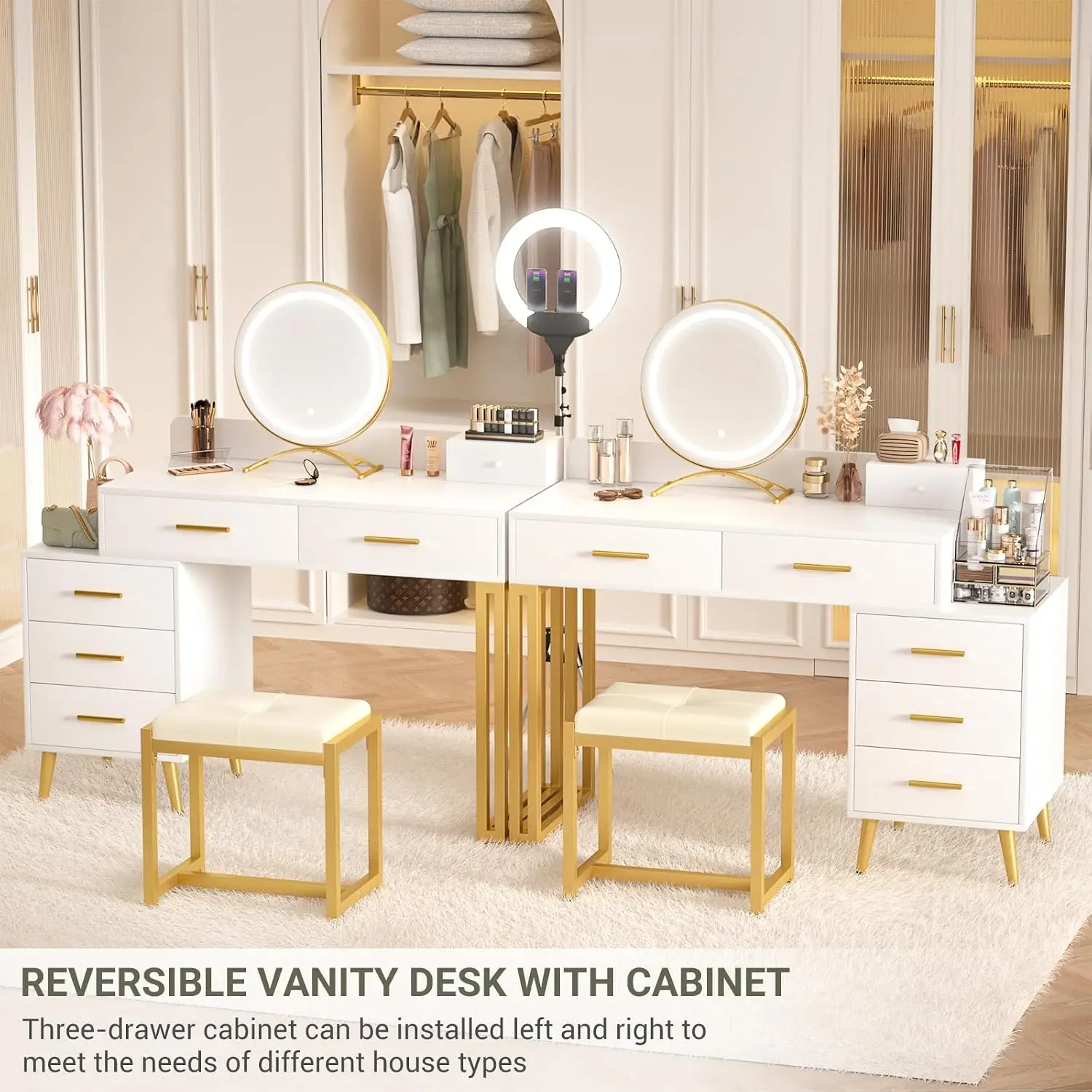 White Vanity Desk with Mirror & Lights, Makeup Table with 6 Drawers & Stool for Bedroom, Dressing Table with Organizers, Custom
