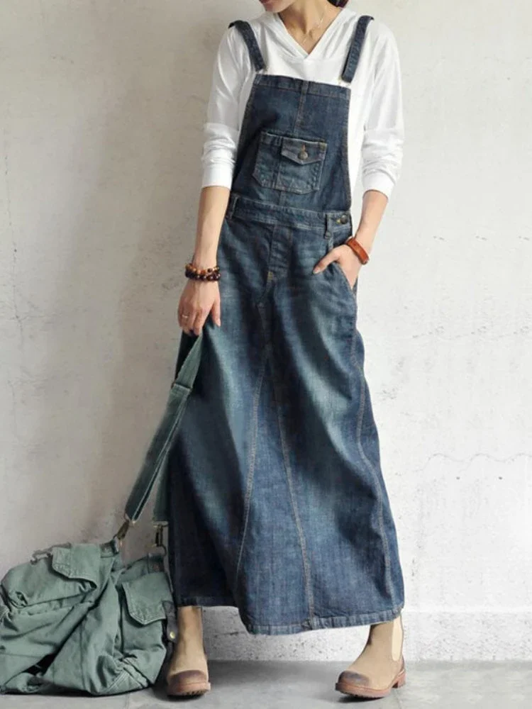 

2023 Autumn Winter Casual Oversize Shoulder strap Denim Women's Skirts Fashion Long Dress Vintage elegant Chic Women Dresses