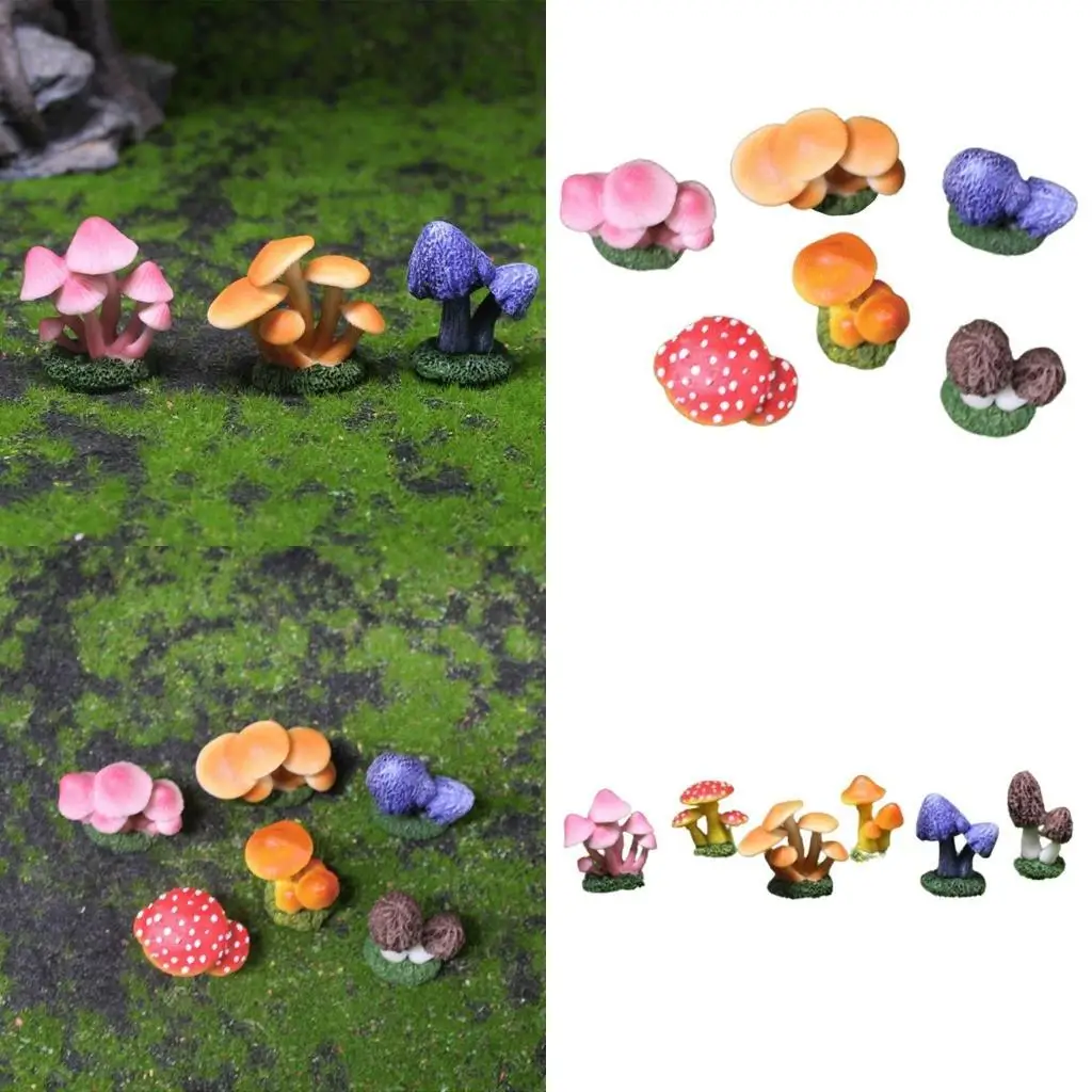 

652F (Pack of 6) Vibrant Mushroom Figurines Ornaments Sculpture Resin Moulds for Collectors and Home Decor