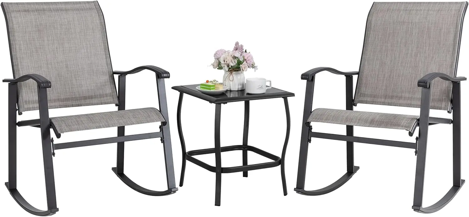 3-Piece Rocking Bistro Set with Glass Table, Outdoor Furniture for Balcony and Porch in Gray