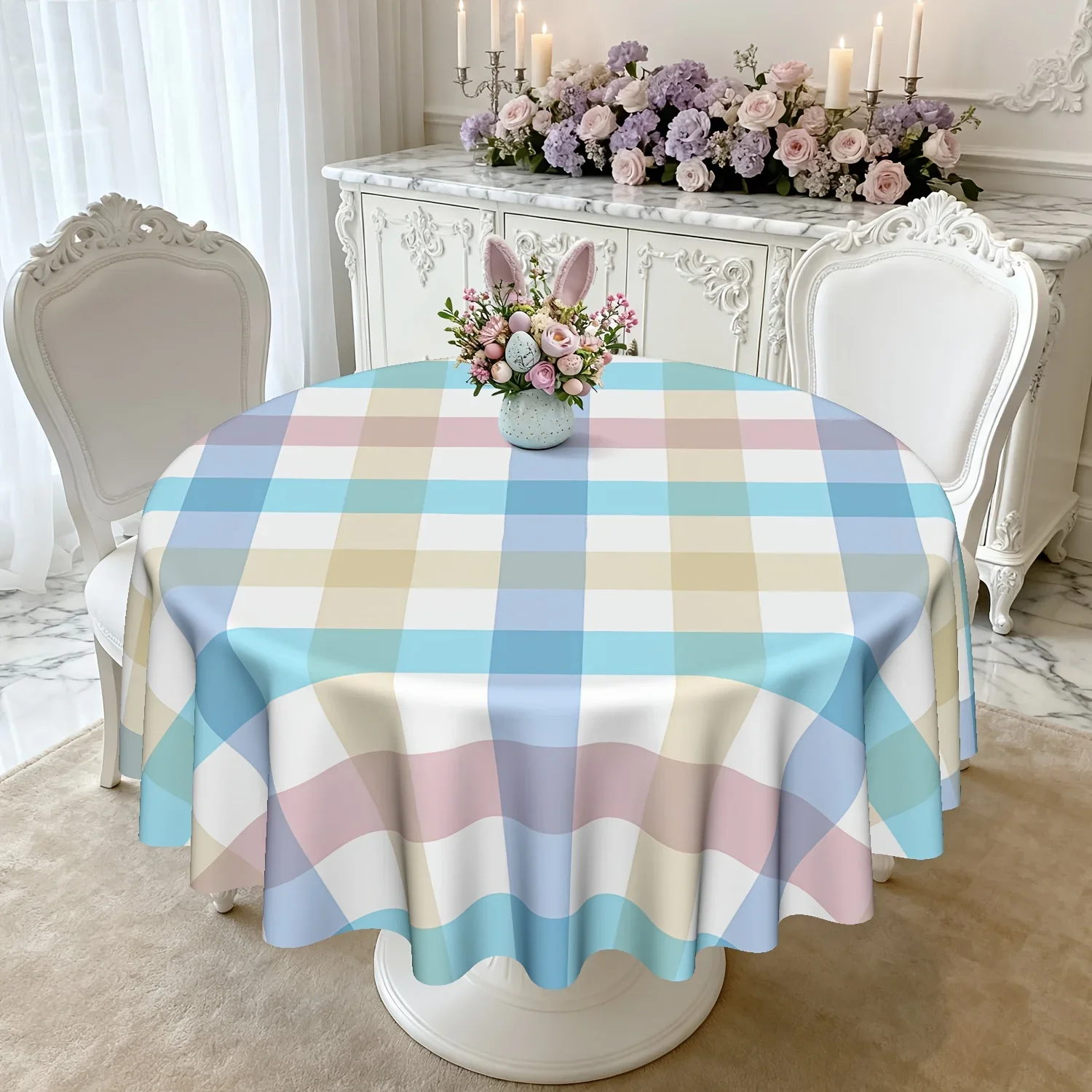 One piece, spring Easter tablecloth, multi-color checked pattern washable tablecloth
