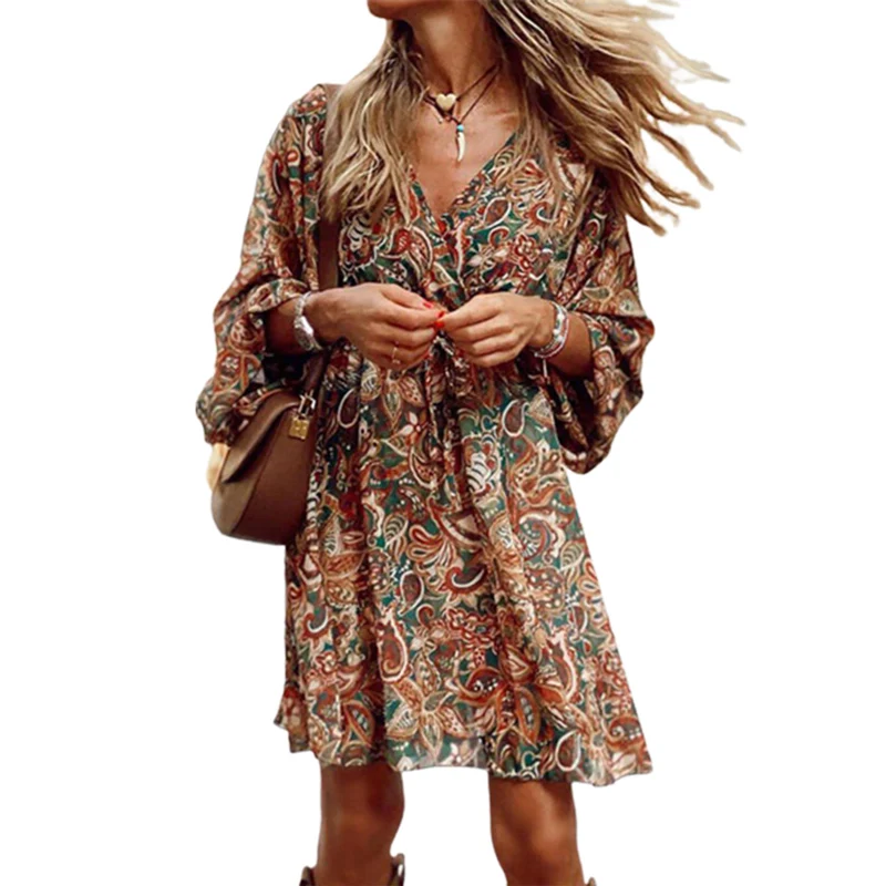 

Mid Waist Drawstring Bohemian Style Print Dress Women V Neck Pullover Loose Dressy Female Casual Seven-quarter Sleeve Short Gown