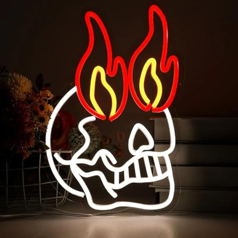 

Skull Neon Sign for Bedroom Dimmable Skull Fire Skeleton Head Wall Decor for Beer Bar Club Game Room Halloween Party Decor Gifts