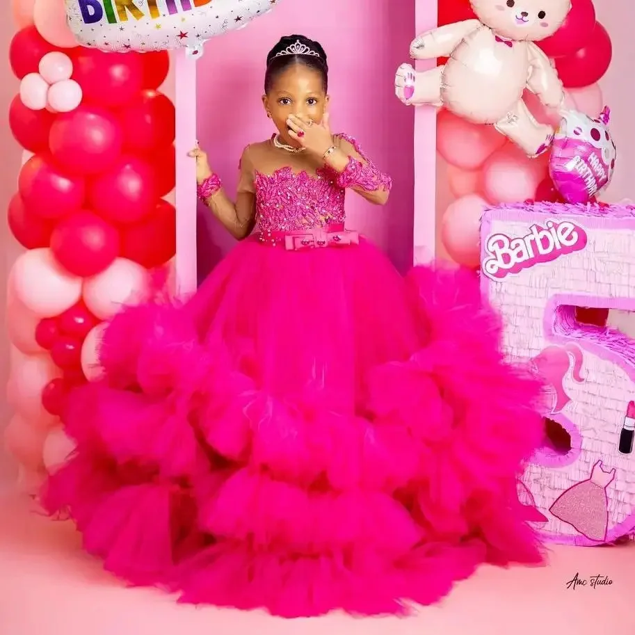 

Flower Girls Dresses For Wedding Full Sleeve Bow Lace Applique Tulle Tiered Kids Birthday Party First Communion Gown Custom