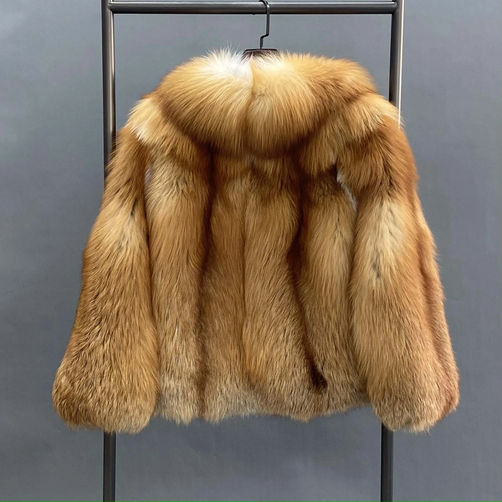 Handmade 100% Real Red Fox Fur Coat Fashion Elegant Big Fur Collar Whole Skin Overcoat Women Fur Jacket