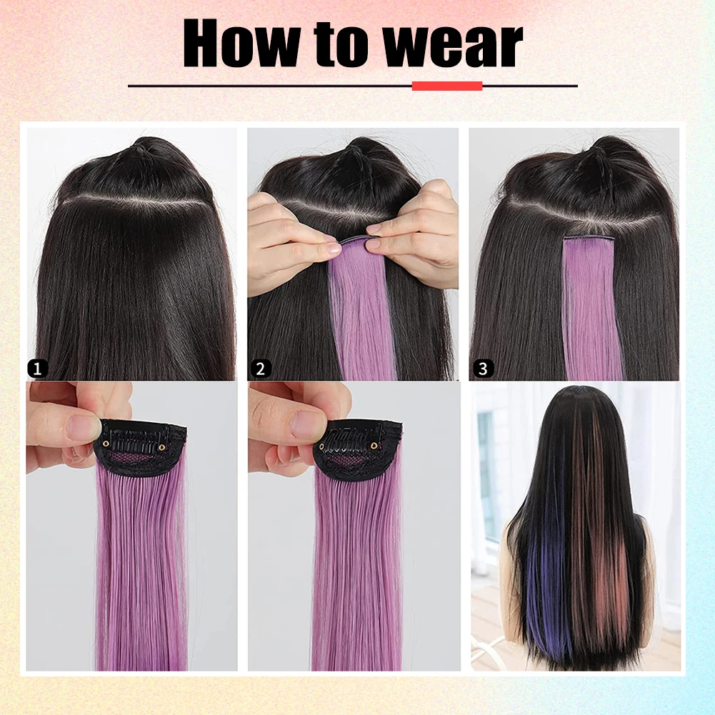 Colored Clip in Hair Extensions 24 Inch Long Straight Colorful Hair Pieces With Net Synthetic Rainbow Hairpiece for Women Girls