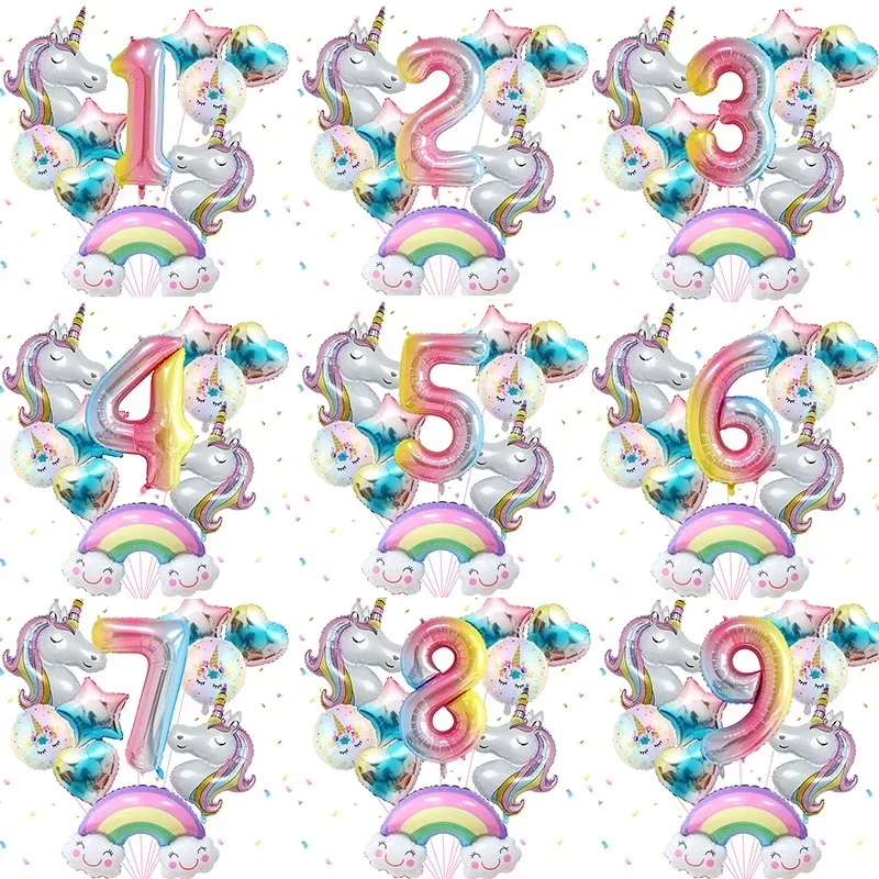 10 stücke Regenbogen Einhorn Themen Aluminium Film Ballon Set Bunte Liebe Sterne Folien Ballons Geburtstag Party Dekoration Lieferungen