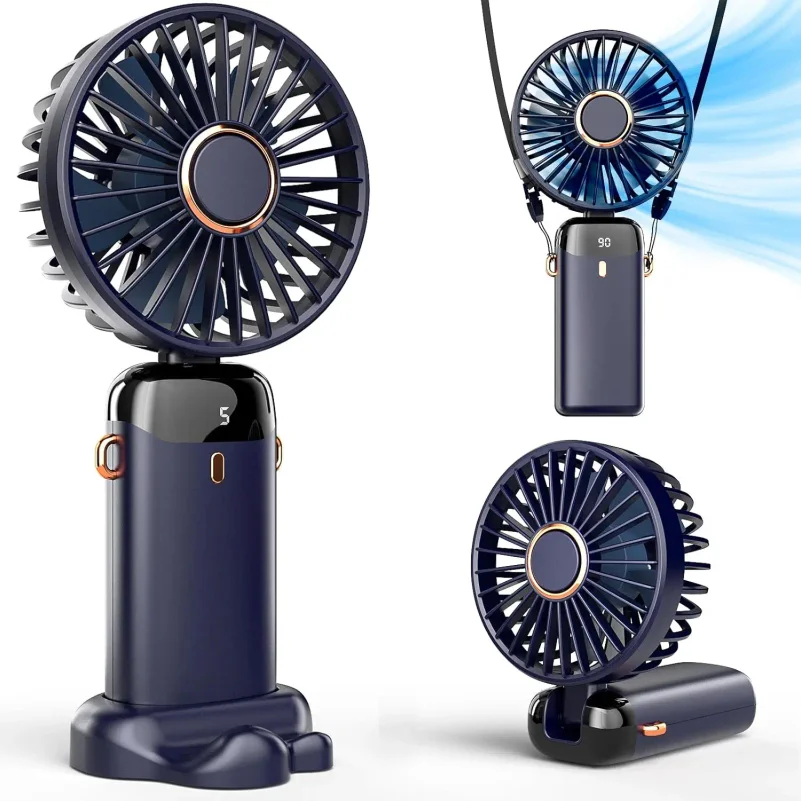 Handheld Mini Fan 3000mAh Foldable Portable Desk Outdoor Neck Hanging 5 Speed USB Rechargeable Fan Phone Stand Display Screen