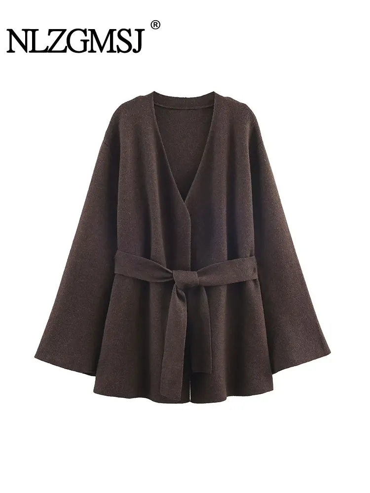

Nlzgmsj 2025 Autumn Office Lady Brown Cardigan Sweater Long Sleeve V Neck Jacket With Sashes Y2K Coat