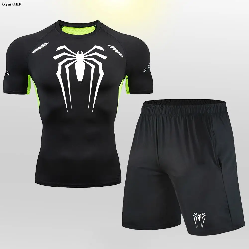 Men Shorts T Shirt Sets Spider Compression Shrts Short Tracksuit Mens Gym Running Jogging Training Fitness Men Sportswear