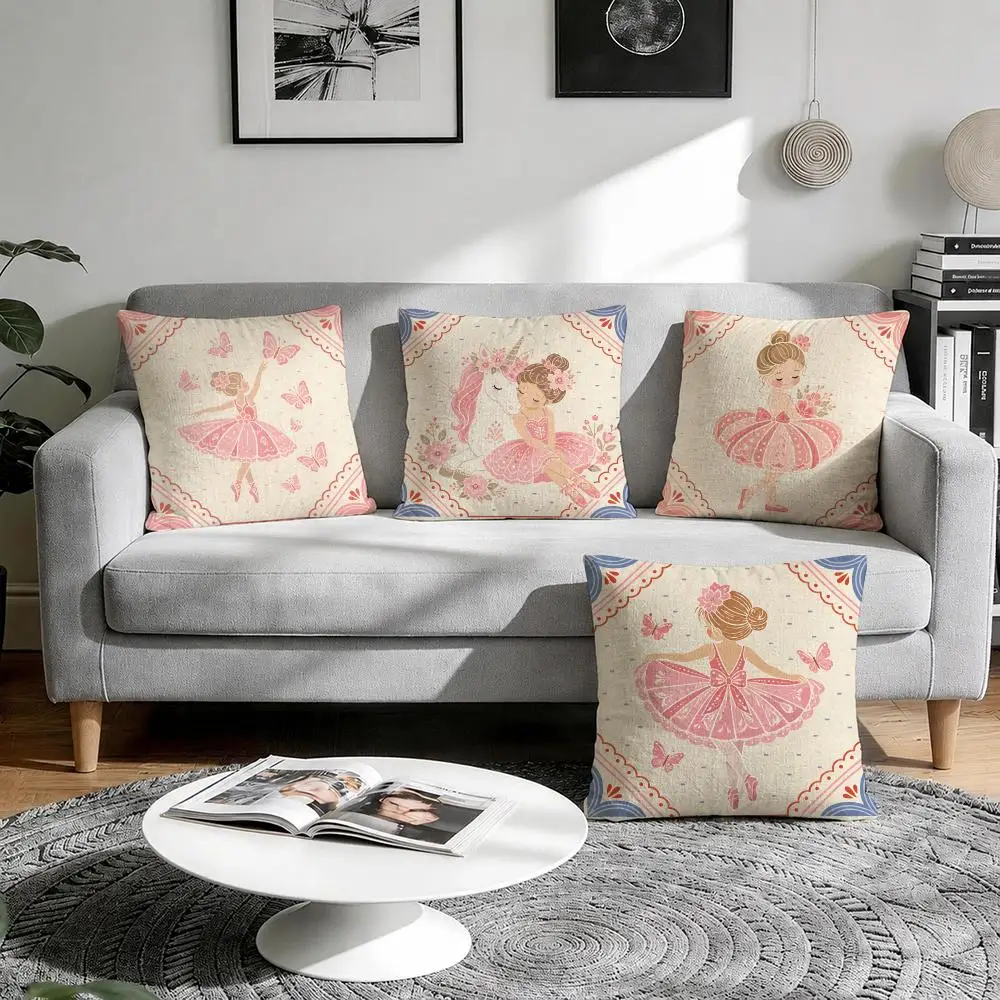 Pink Ballerina Girl Unicorn Butterfly Cushion Cover Natural Breathable Durable Linen Printed Decor Pillow Case Sofa Bedroom