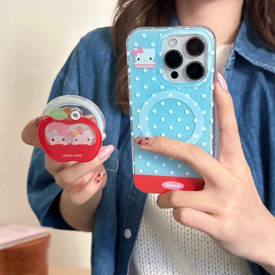 

Korean Wave point Kawaii mirror Magnetic Grip Holder Magsafe Wireless Charge Phone Case For iPhone 16 15 14 13 Pro Max Cover﻿