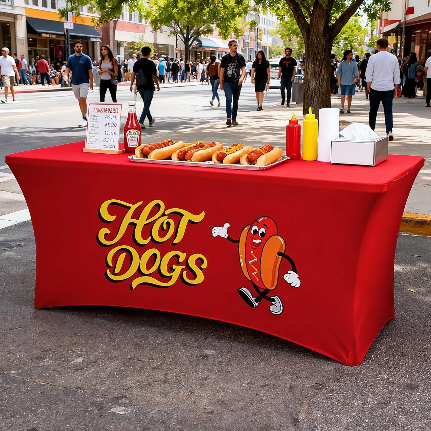 

Professional Heavy Duty Hot Dog Spandex Tablecloth Non-See-Through Stretch Table Cover for Concession Stand Vendor Booth