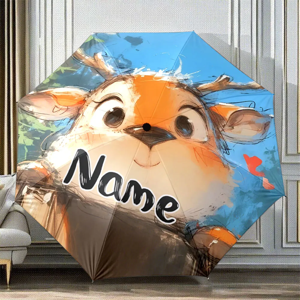 Custom Name Umbrella Cartoon Deer Design Rain Umbrella - Cute Forest Animal Print Portable Folding Umbrella,Christmas Gift