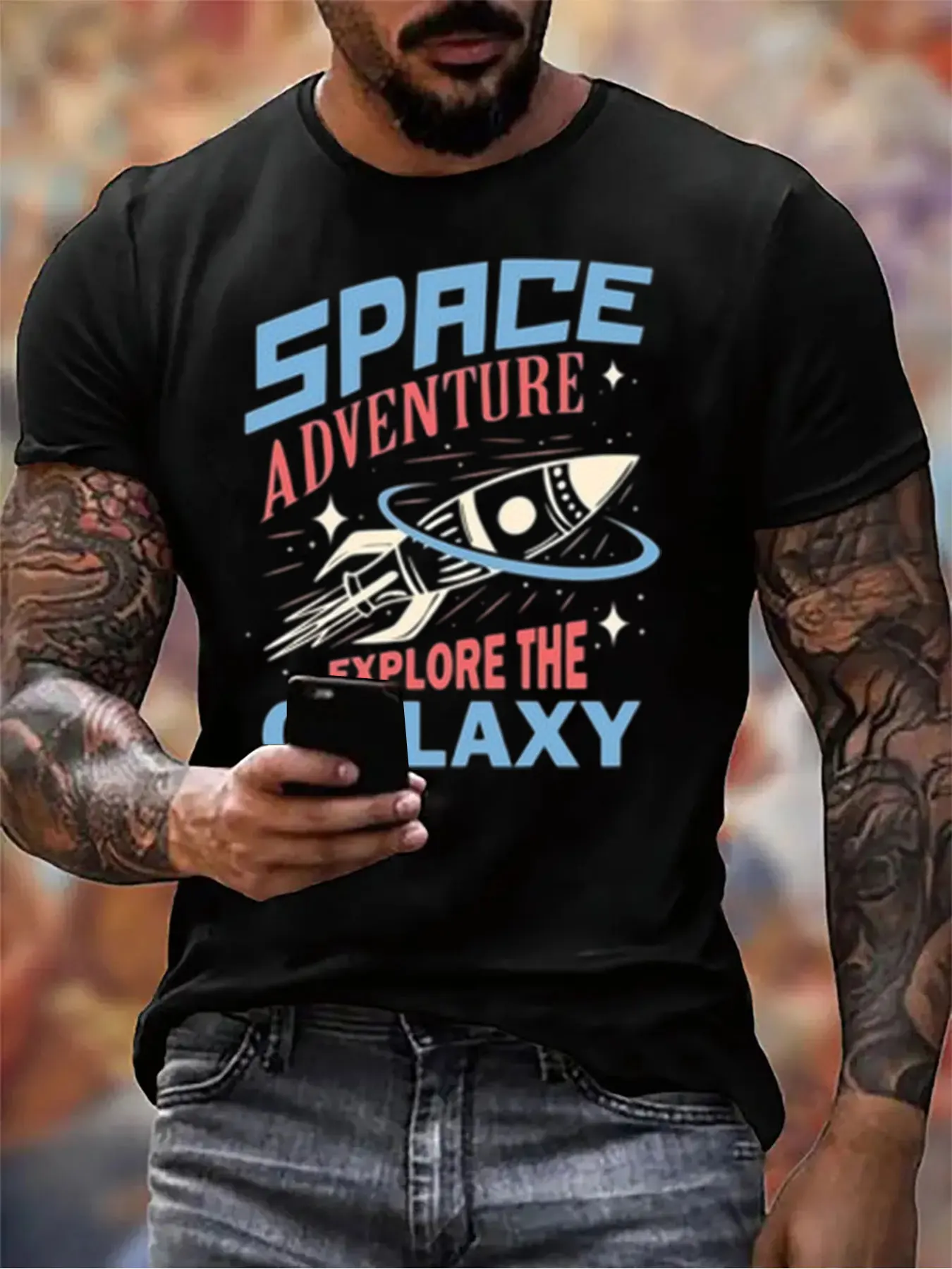 

Men's Cotton Space Adventure Galaxy Print Tee For Thanksgiving Gift, Soft Crew Neck Shirt For Outdoor Activities, Top For Him