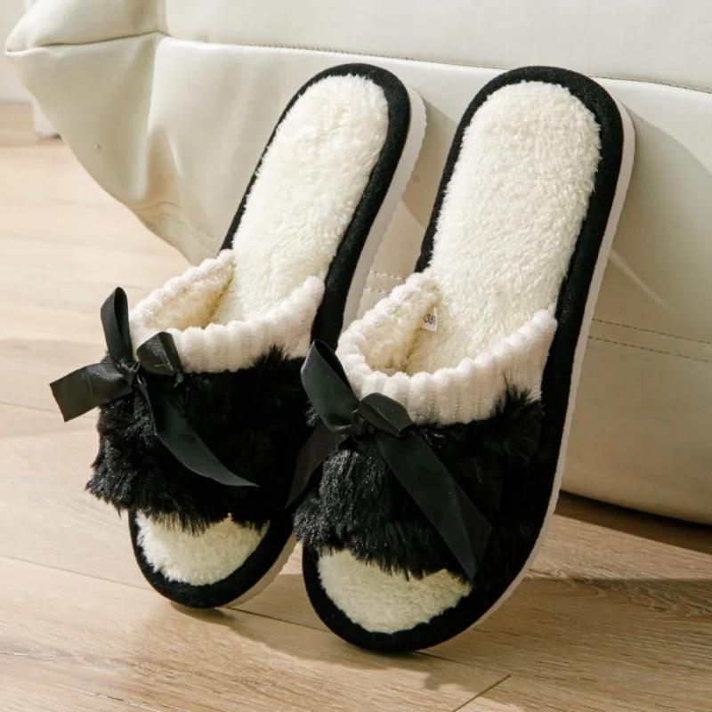 Winter Women New Bow Plush Slippers Couples Comfortable Cozy Flat Sandals Female Indoor Floor Non-slip Quiet Slides Adults Shoes