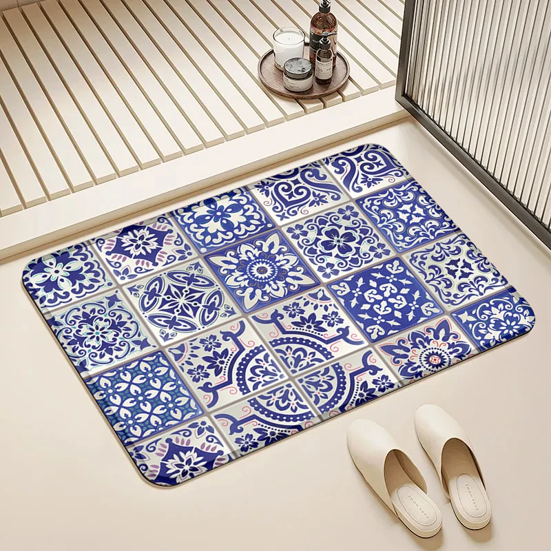 

Blue & White Tile Pattern Flannel Doormat Non-Slip Absorbent Soft Floor Mat for Entryway Bathroom Kitchen Home Decor