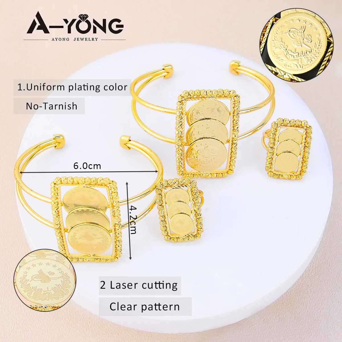 Arabisches Mode-Münzschmuckset 21k Vergoldet Türkische Vintage-Armreifen Ringe Kurdischer Brautschmuck für Frauen Vintage-Partyschmuck – Detail 5