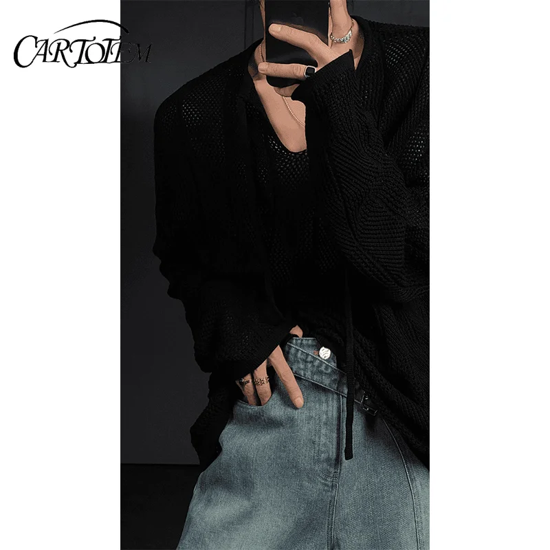 

New Retro Niche Lazy Style Loose Solid Color Hollow Sweater Long-sleeved Versatile Tops