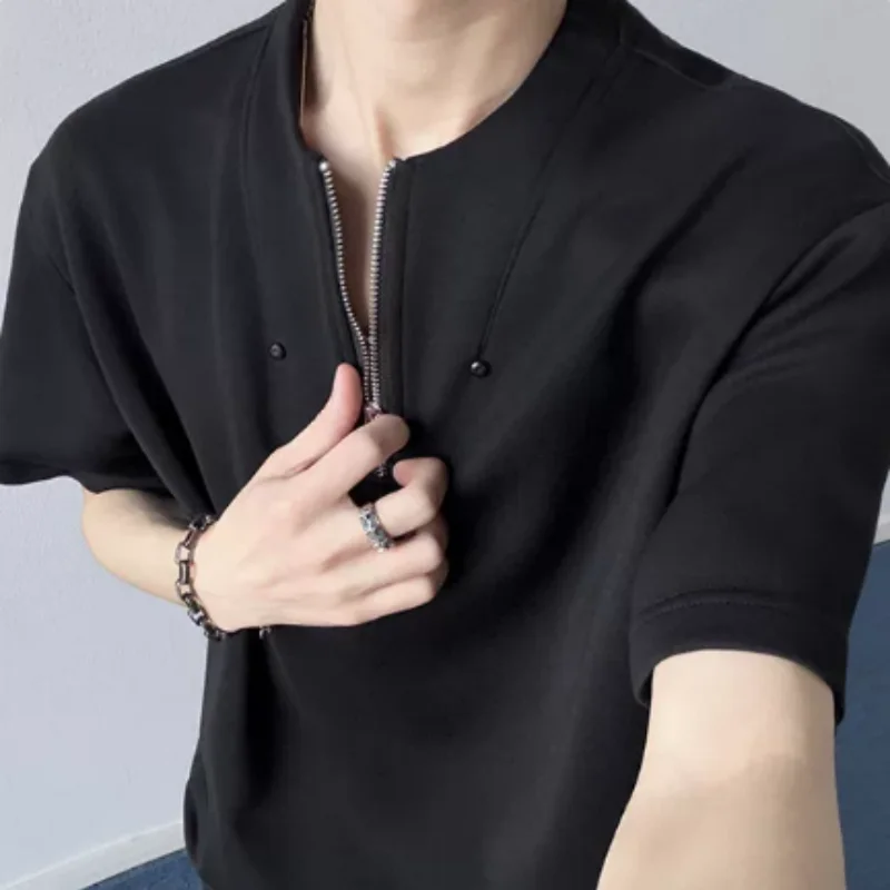 American retro zipper half-open collar T-shirt for men, summer cleanfit short-sleeved shoulder slimming polo shirt